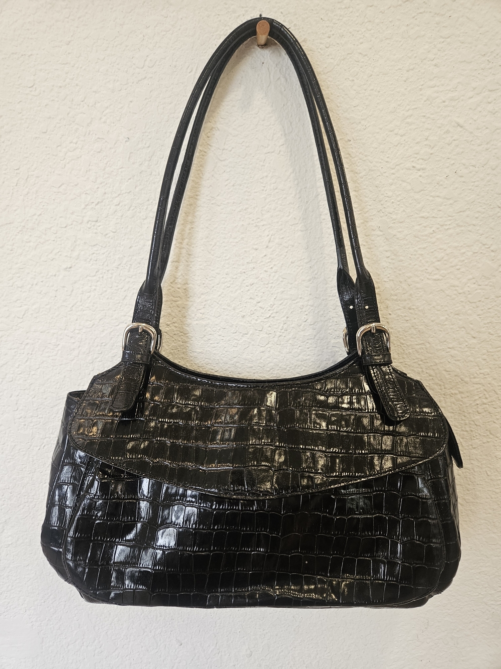 Maxx New York Black Croc-Embossed Shoulder Bag with Double Straps